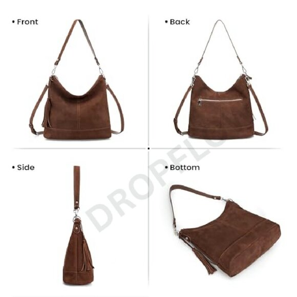 Genuine Leather Hobo Crossbody Bag Soft Slouchy Bucket Purse Two Straps - Picture 8 of 8